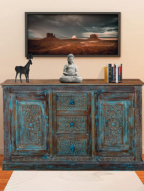 Distressed Blue Credenza, Antique Sideboard Buffet With drawer 55x35