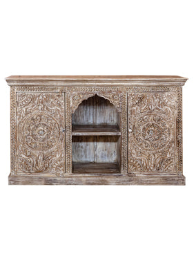 Arched Carved Sideboard Media Chest with Brass Studs, Whitewash Floral Carved Chest