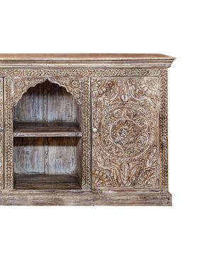 Arched Carved Sideboard Media Chest, Handcarved Whitewash Carved Chest
