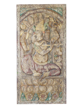 Vintage Fluting Ganesha Wall Decor, Ganesha Seated on Lotus, Barn Door, Custom Door, Yoga Studio