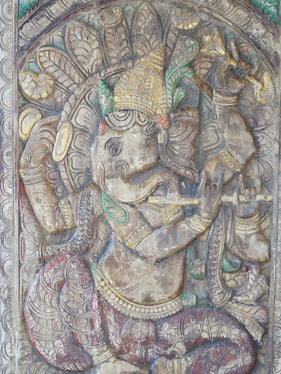 Vintage Fluting Ganesha Wall Decor Ganesha Seated on Lotus, Barn Door, Custom Door, Yoga Studio