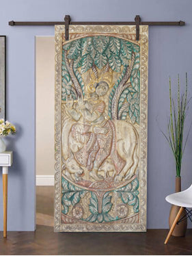 Vintage Colorful Krishna Wall Art Hand-carved Krishna Carved door, Custom Barndoor, 72