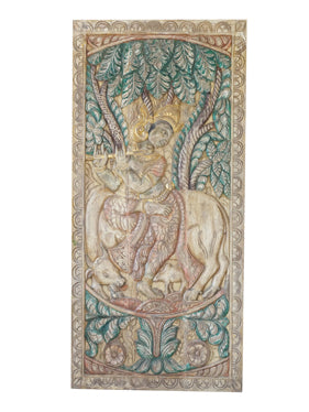 Vintage Colorful Krishna Wall Art Hand-carved Krishna Carved door, Custom Barndoor, 72