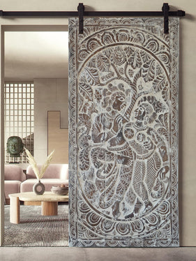 Vintage Wood Radha Krishna Door, Custom Barndoor, Whitewash Handcarved Sculpture