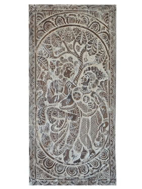 Vintage Wood Radha Krishna Door, Custom Barndoor, Whitewash Handcarved Sculpture