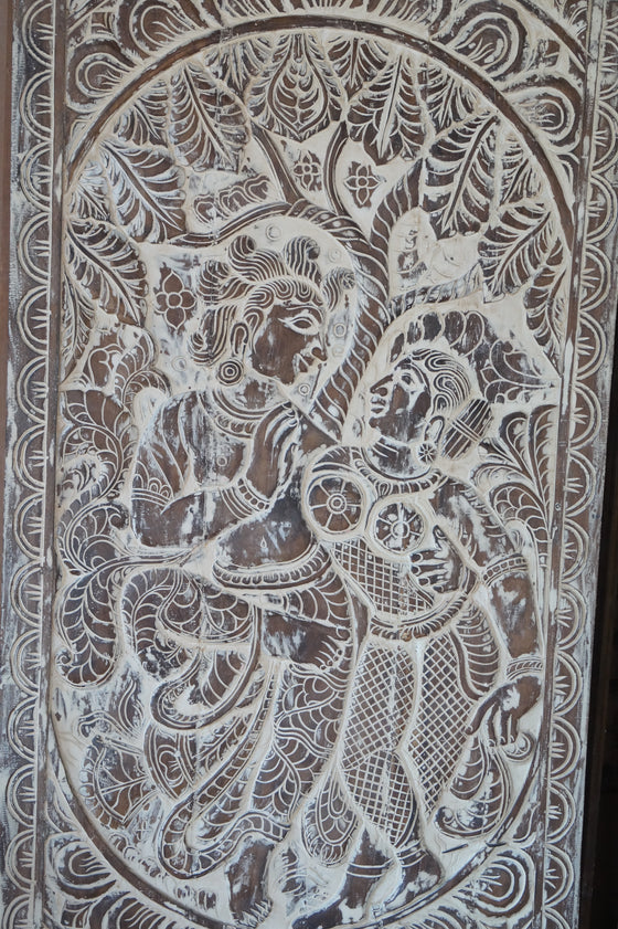 Vintage Wood Radha Krishna Door, Custom Barndoor, Whitewash Handcarved Sculpture