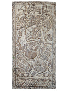 Harmony in Art, Vintage Fluting Ganesha Wall Sculpture with Whitewash Ganesh on Lotus, Custom Sliding Door