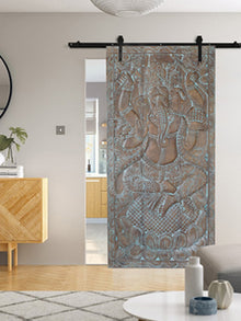  Divine Harmony: Vintage Carved Ganesha on Lotus - Exquisite Indian Wall Art for Custom Barn Doors 72