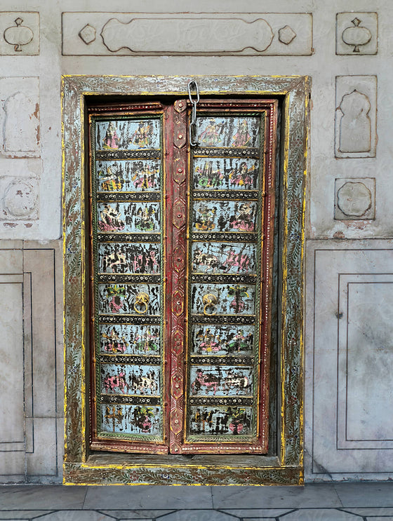 Antique Indian Door Hand Carved Blue Painted Garden Doors