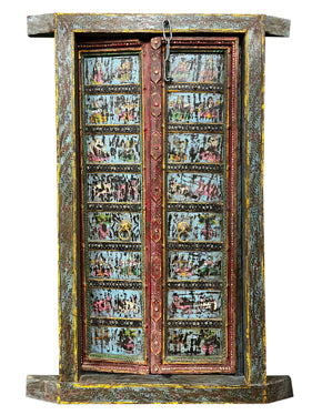 Antique Indian Door Hand Carved Blue Painted Garden Doors 69.5x38