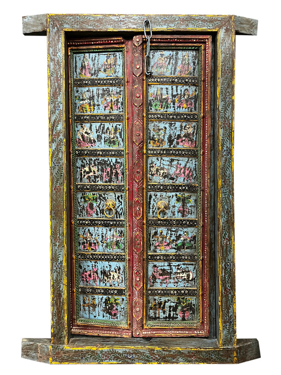 Antique Indian Door Hand Carved Blue Painted Garden Doors 69.5x38