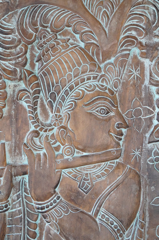 Hand-Carved Vintage Krishna Wall Art, Fluting Krishna and Cow, Custom Barndoor Panel