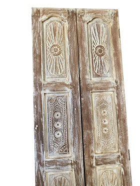 Pair Whitewashed Hand-Carved Barn Doors, Artistic Carved Sliding Door for Stylish Interiors