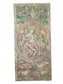  Vintage Colorful Krishna Wall Art,  Barn Door, Hand-Carved Gopis Under the Tree of Life Wall Panel
