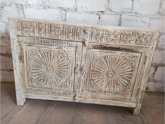 Vintage Sunrays Carved Whitewash Sideboard, Carved Credenza