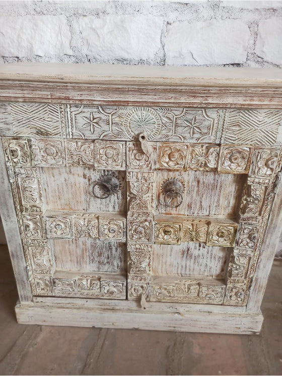 Whitewash Wooden Cabinet, TV Stand, Altar table, Boho Accent Chest, Indian furniture