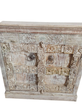 Whitewash Wooden Cabinet, TV Stand, Altar table, Boho Accent Chest, Indian furniture