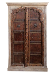  Antique ARMOIRE Arch Door, Iron Straps, Patina Rustic Hand Carved Solid Wood Cabinet