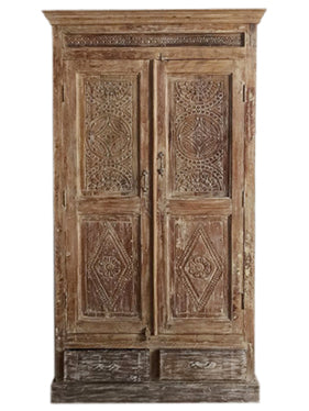 Antique Whitewash Armoire with drawers, Mahal Vintage Carved Cabinet, Old Indian cabinet