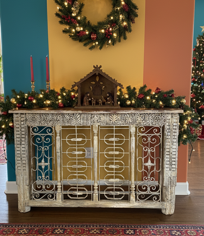 Antique Console Table Rustic Hand Carved Wrought Iron Carved Entryway Table 64