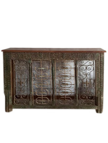  Iron Jali Carved TV Media Console Table, Rustic Green Carved Console, Entryway Table