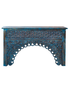  Arched Console Table, Blue Accent Console Table, Brass Studs, Hand Carved Hall Table