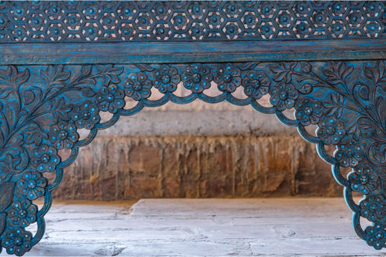 Arched Console Table, Blue Accent Console Table, Brass Studs, Hand Carved Hall Table