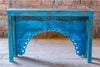 Rustic Console Arch Table, Blue Accent Console Table, Brass Studs, Hand Carved Hall Table