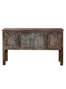  Rustic Media Console Table With 4 Doors, Entryway Table, Blue Hues, Brass Studs, Reclaimed wood