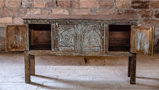 Rustic Media Console Table With 4 Doors, Entryway Table, Blue Hues, Brass Studs, Reclaimed wood