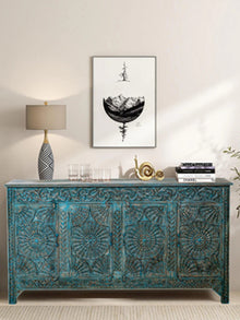  Teal blue Antique Credenza Cabinet, Carved Chest, Brass Stud Medallions, Sideboard Buffet 71