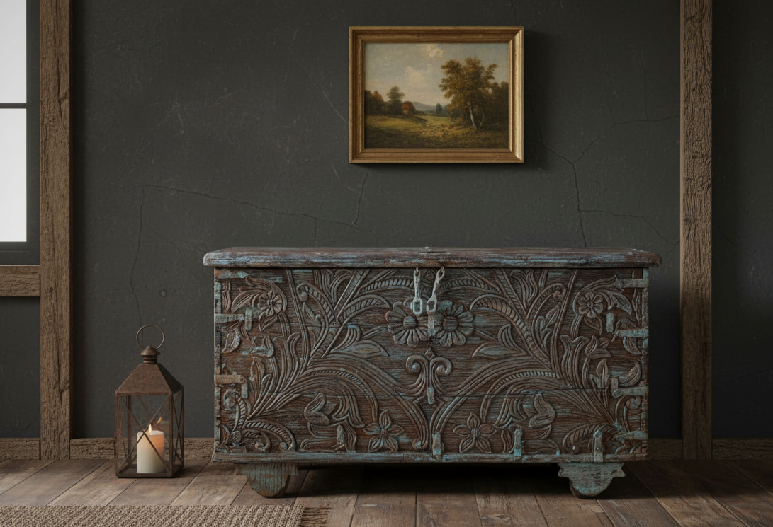 Vintage Carved Hope Chest on Wheels Blue Floral Storage Trunk Bench