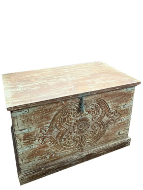 Antique Indian Trunk Table, Distressed Blue, Carved Decorative Storage Chest