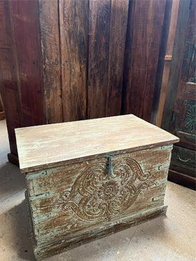 Antique Indian Trunk Table, Distressed Blue, Carved Decorative Storage Chest