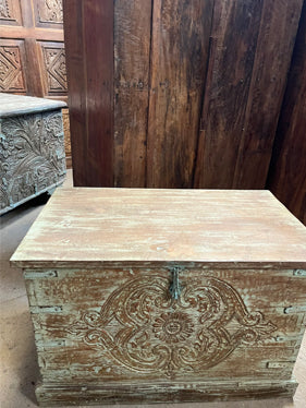 Antique Indian Trunk Table, Distressed Blue, Carved Decorative Storage Chest