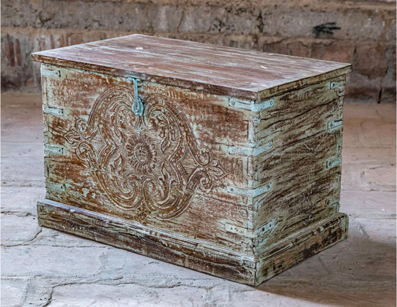 Antique Indian Trunk Table, Distressed Blue, Carved Decorative Storage Chest