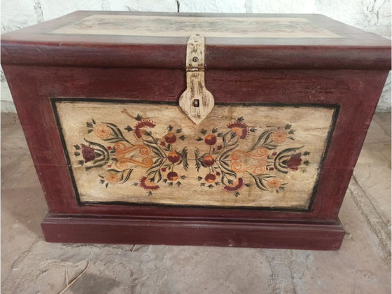 Antique Floral Painted Trunk Table, Indian Traditional Jewellery Chest