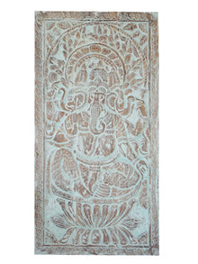  Trimukhi Ganesha Wall Sculpture, Blue Hues Sliding Door, Custom Barn Door, Carved Doors 72x36