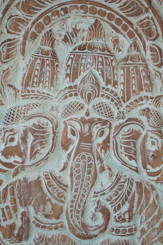 Trimukhi Ganesha Wall Sculpture Sliding Barn Door Carved Doors 72x36
