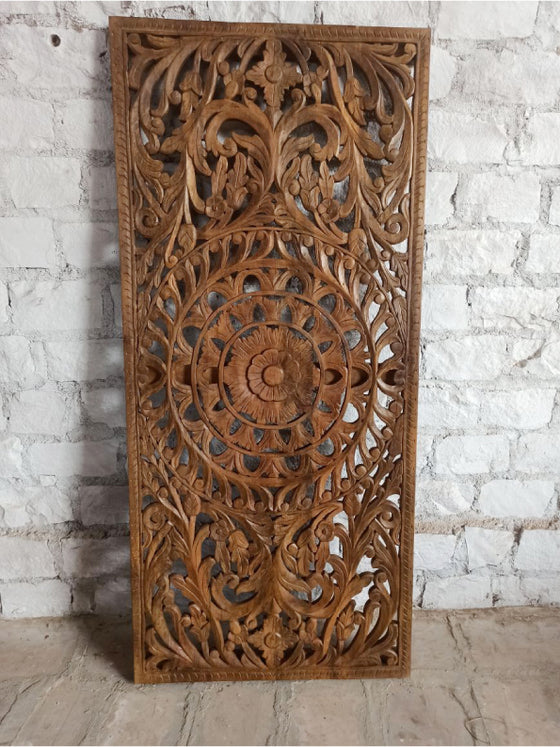 Lotus Carved Jali Door, Reclaimed Wood India Carved Door Ceiling, 80x36