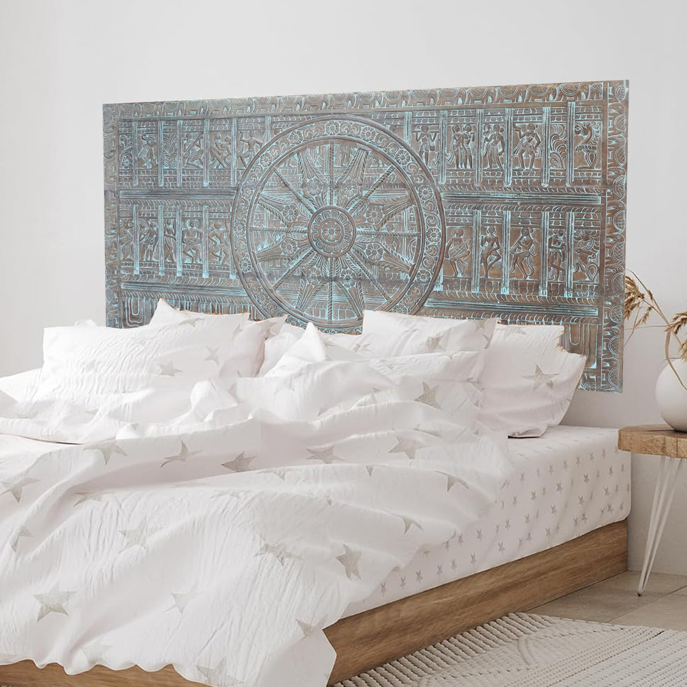 Vintage Headboard Artisan-Carved Sun Temple Wall Sculpture Wall Art 72