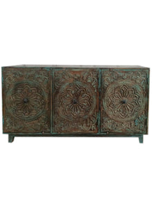  Distressed Teal Sideboard Chest, Floral Medallion Carved Door TV Credenza, Brass Accents