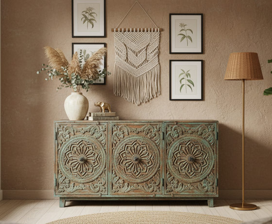 Vintage Blue Sideboard Chest Buffet Console Cabinet Farmhouse TV Stand