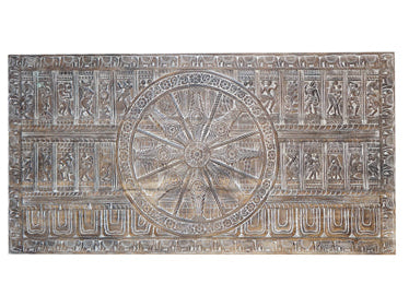 Vintage Carved Sun Temple Sundial Door, Headboard, Carved Wall Sculpture