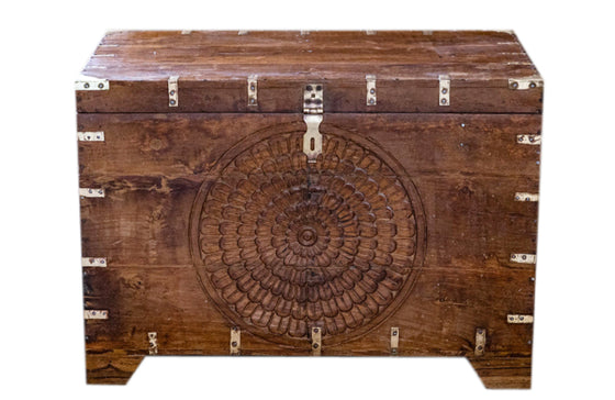 Antique Bridal Chest Mandala Carved Brown Trunk Coffee Table