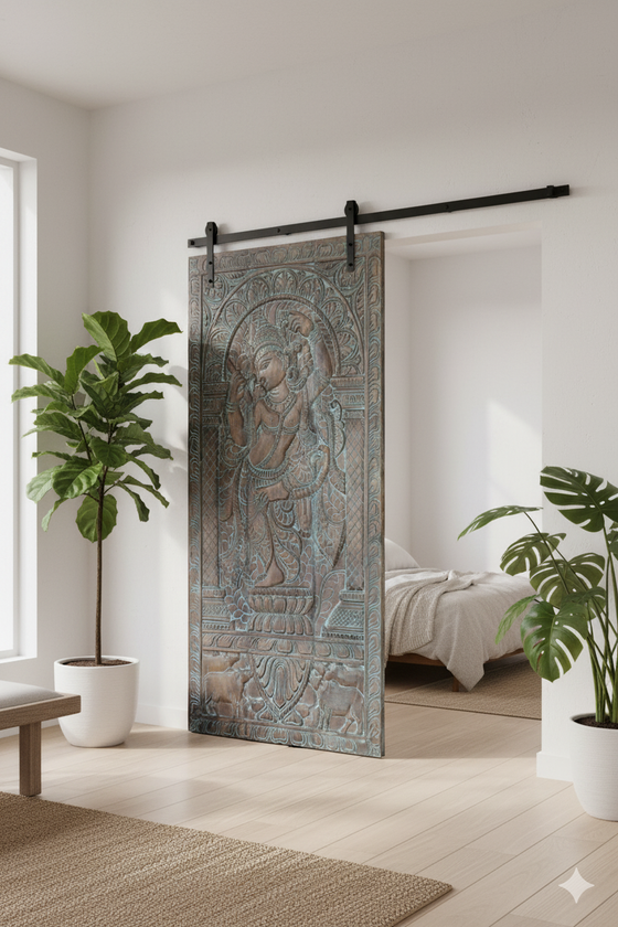 Vintage Carved Wall Art Fluting Krishna & Cow Accent Wall Hanging 