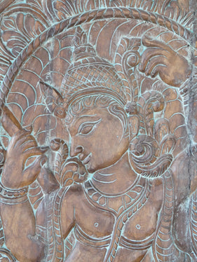 Vintage Krishna Carved Wall Art, Fluting Krishna & Cow, Custom Studio Sliding Barn Door