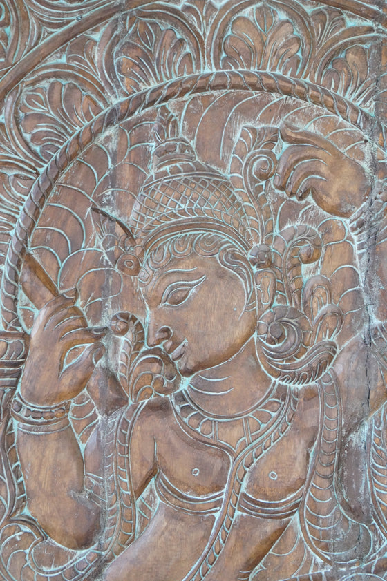 Vintage Krishna Carved Wall Art, Fluting Krishna & Cow, Custom Sliding Barn Door 72X36
