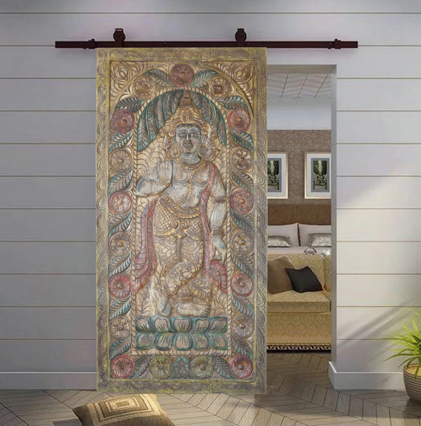 Artisan Carved Wall Panel Vintage Temple Wall Art Vishnu Wall Accent 72X36