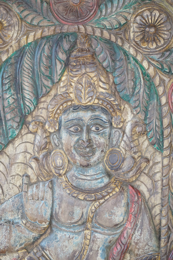 Vintage Carved Vishnu Sculpture Colorful India Wall Accent 72X36